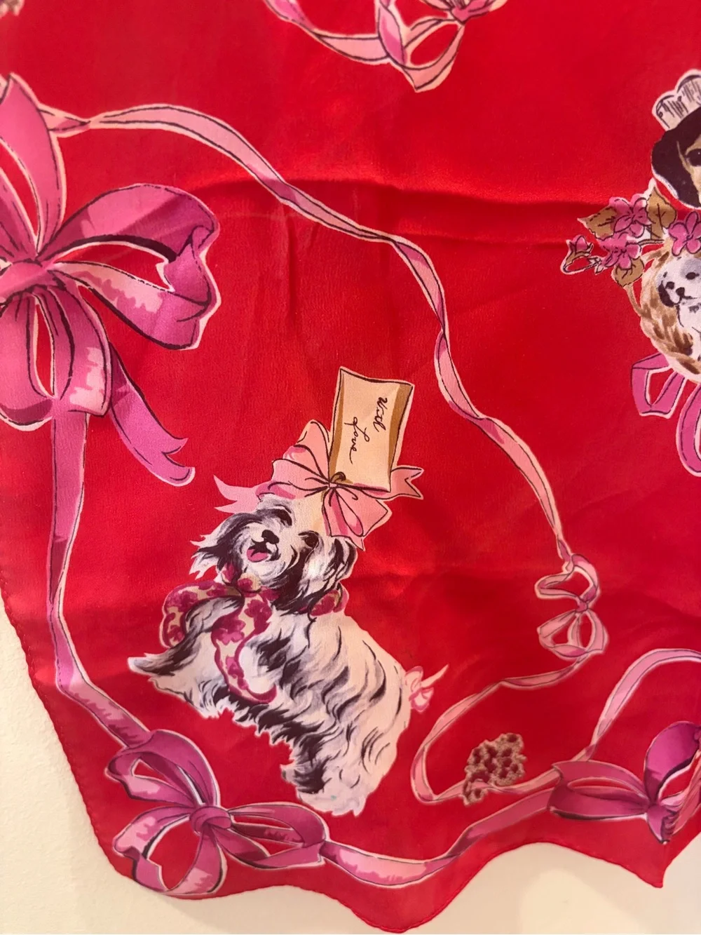 Silk Red Printed Scarf with Ribbon‎ and Floral Motif, Elaine Gold